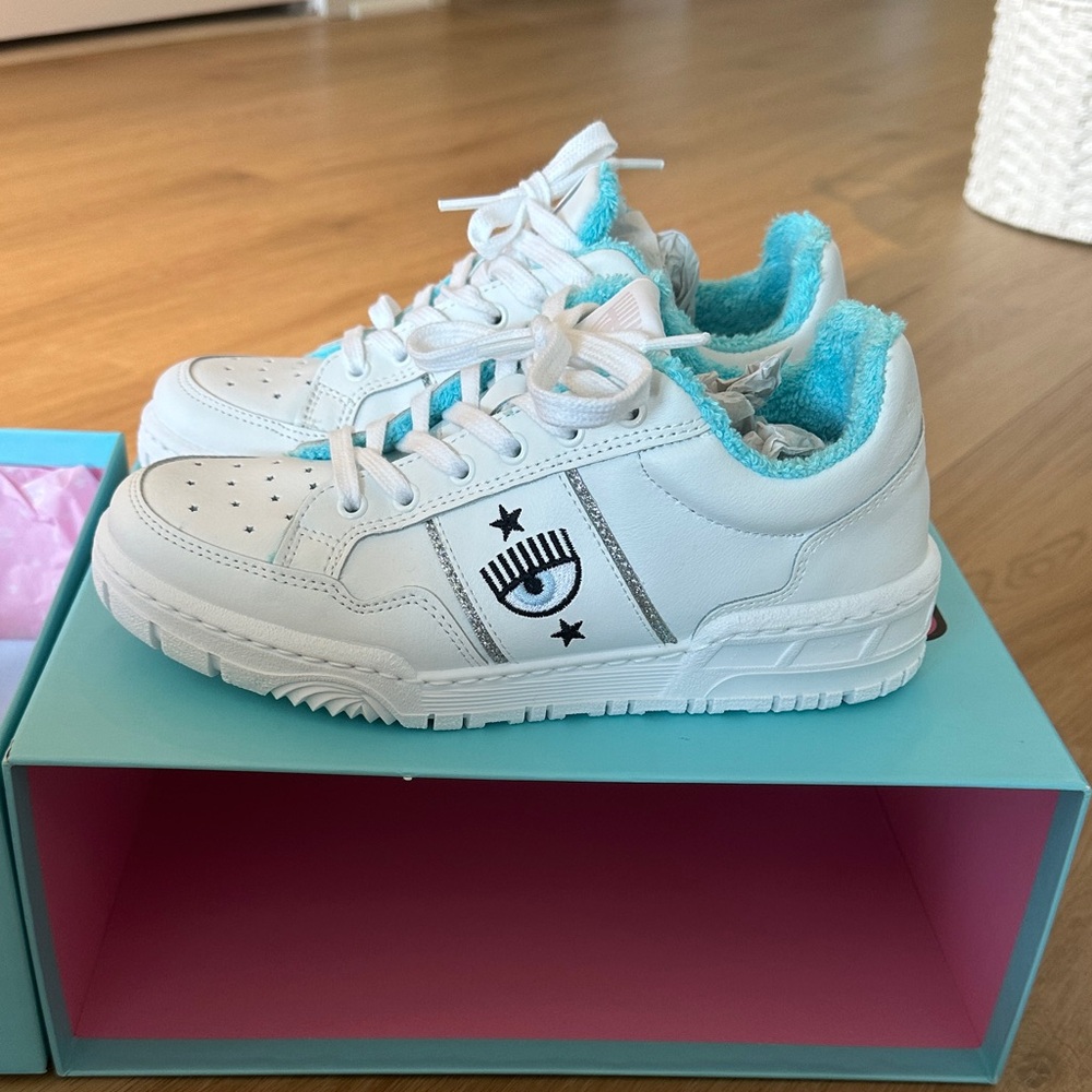 Chiara Ferragani White and Blue Sneakers